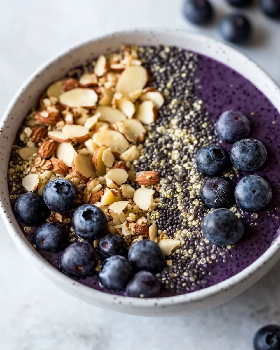 Healthy Blueberry Almond Breakfast Quinoa Smoothie Bowl recipe image