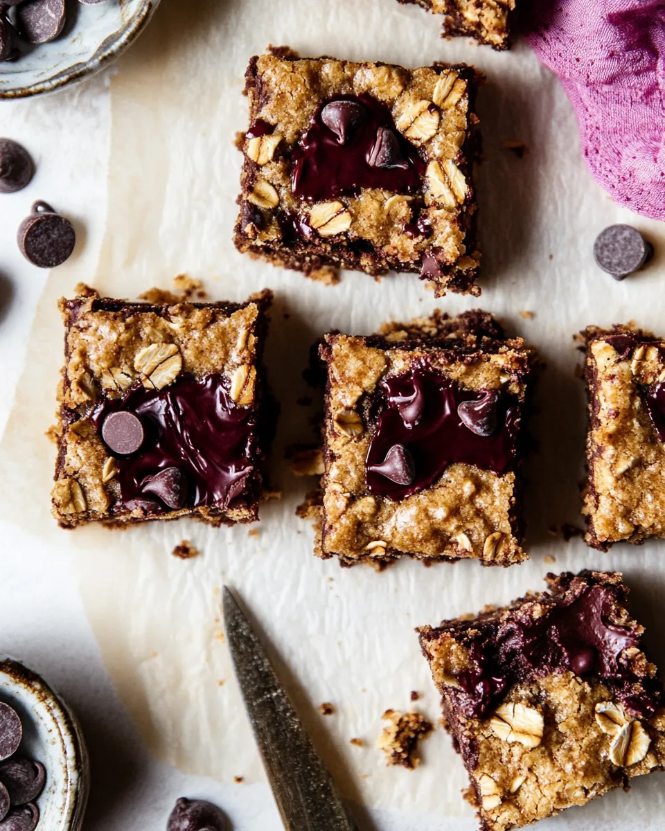 Delicious Brown Butter Oatmeal Chocolate Chip Cookie Bars. food shot