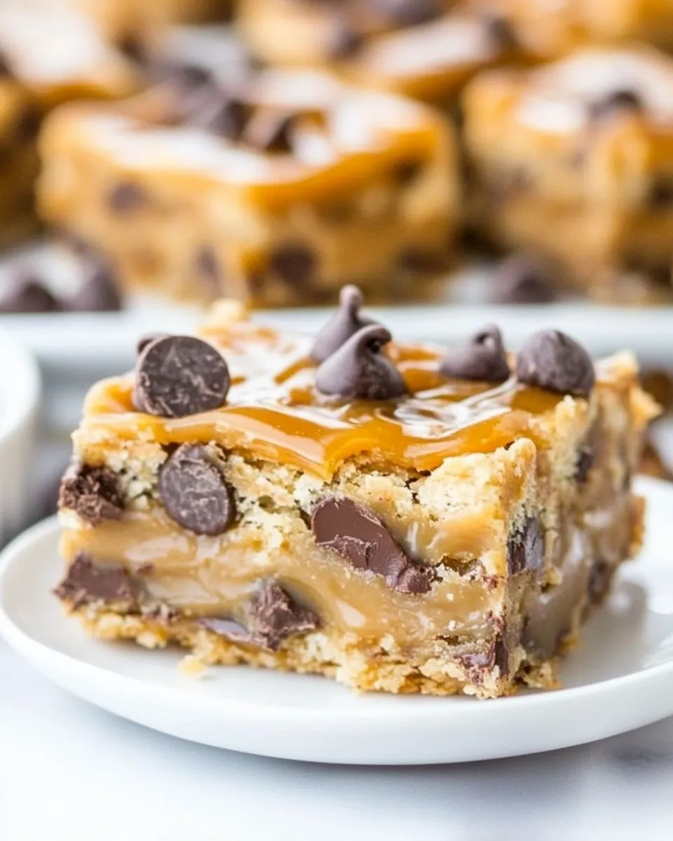 Homemade Caramel Peanut Butter Chocolate Chip Gooey Bars photo
