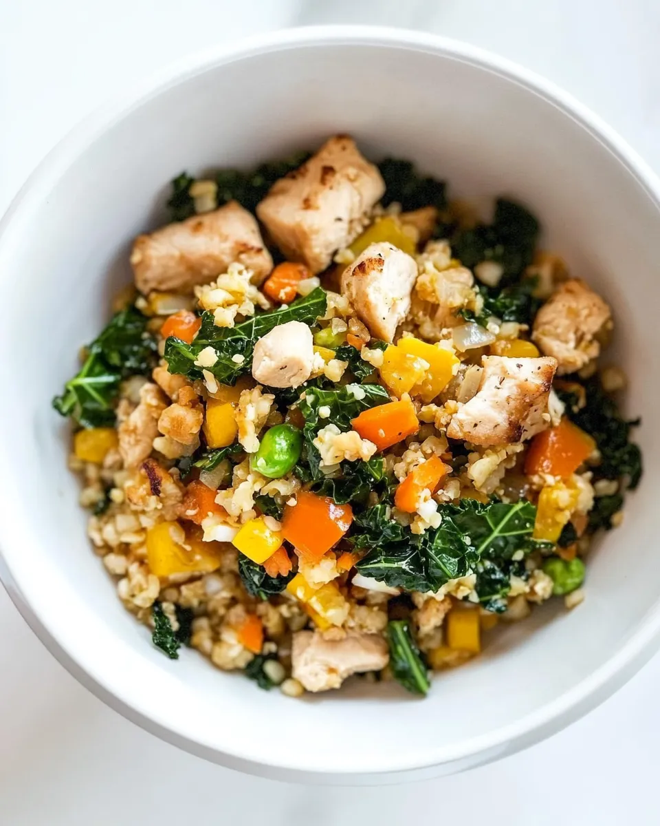 Delicious Cauliflower Fried Rice with Kale & Chicken Recipe food shot