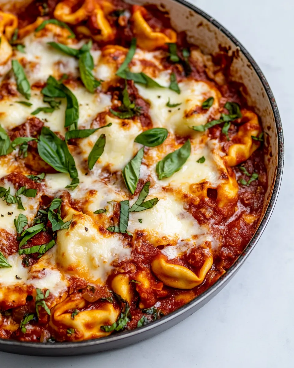 Easy Cheesy Weeknight Tortellini Skillet. food shot