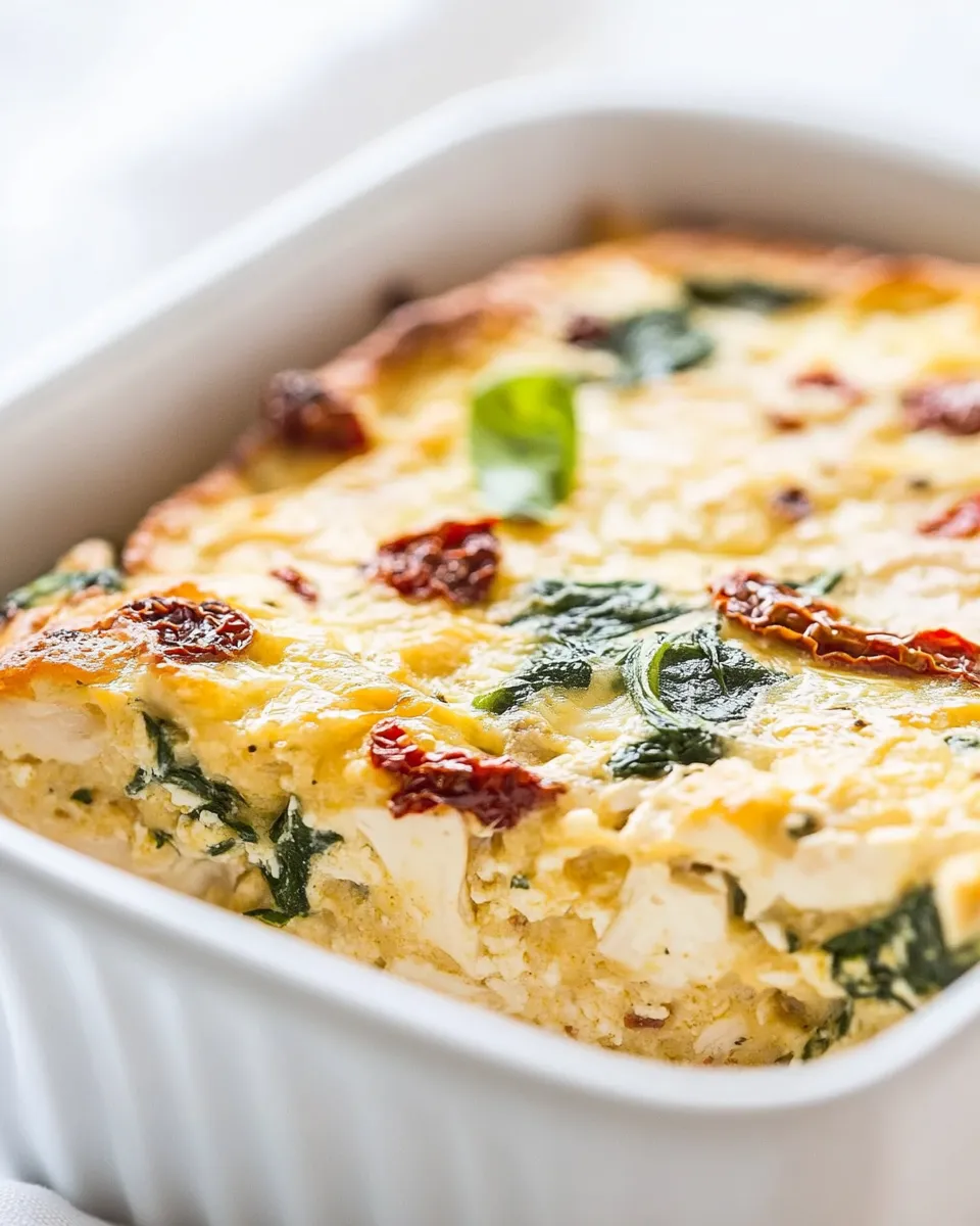 Easy Chicken and Spinach Breakfast Casserole with Sun-Dried Tomatoes and Feta recipe image