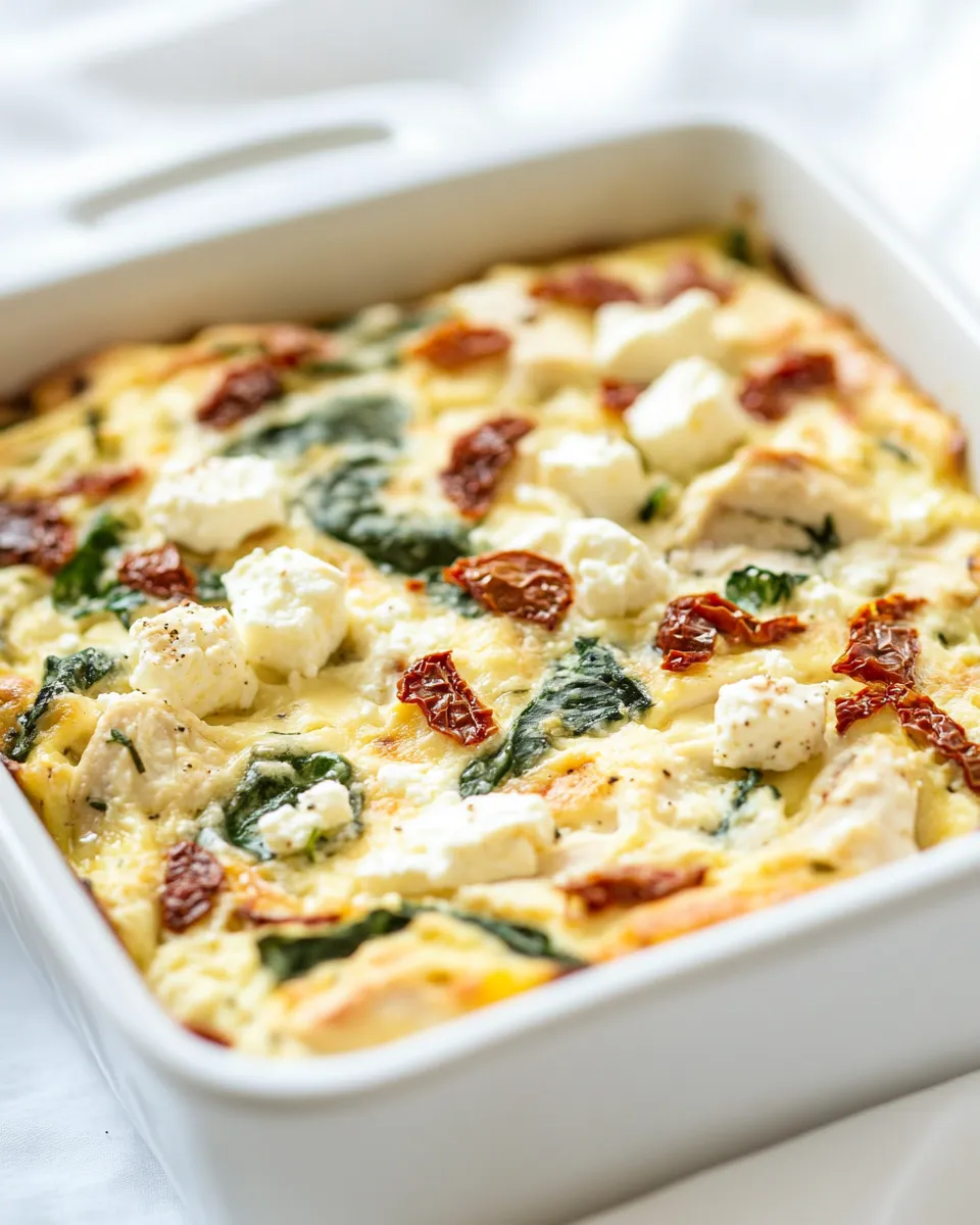 Delicious Chicken and Spinach Breakfast Casserole with Sun-Dried Tomatoes and Feta food shot