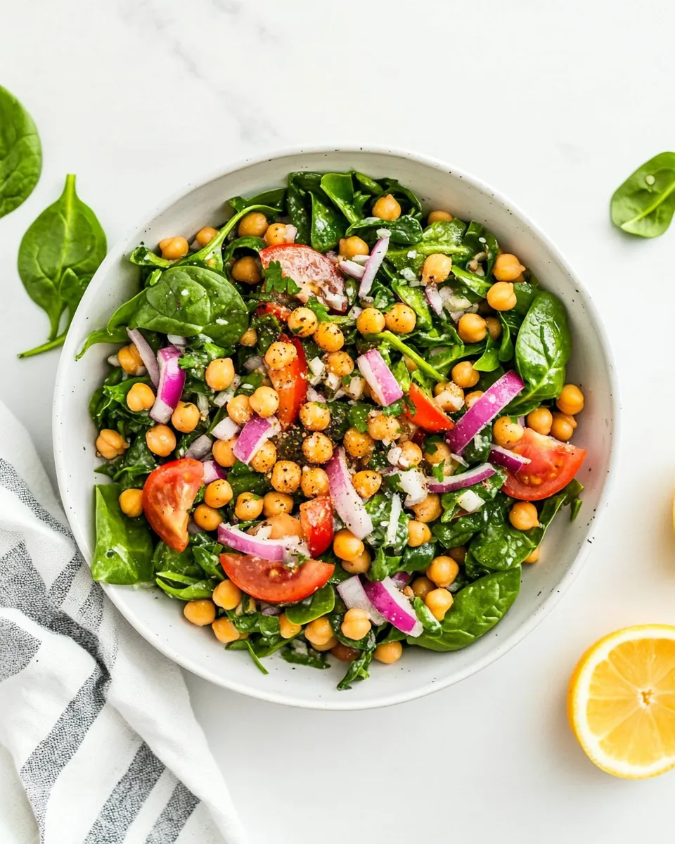 Delicious Chickpea and Spinach Salad with Cumin Dressing food shot