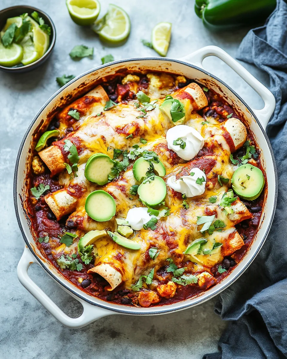 Delicious Chipotle Cheddar Cauliflower Black Bean Enchiladas. plate image