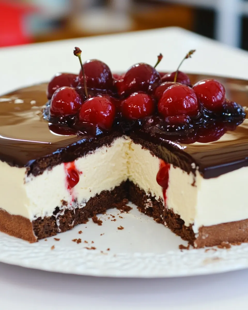 Delicious Chocolate Cheese Mousse Cake w/ Cherry Jam dish photo