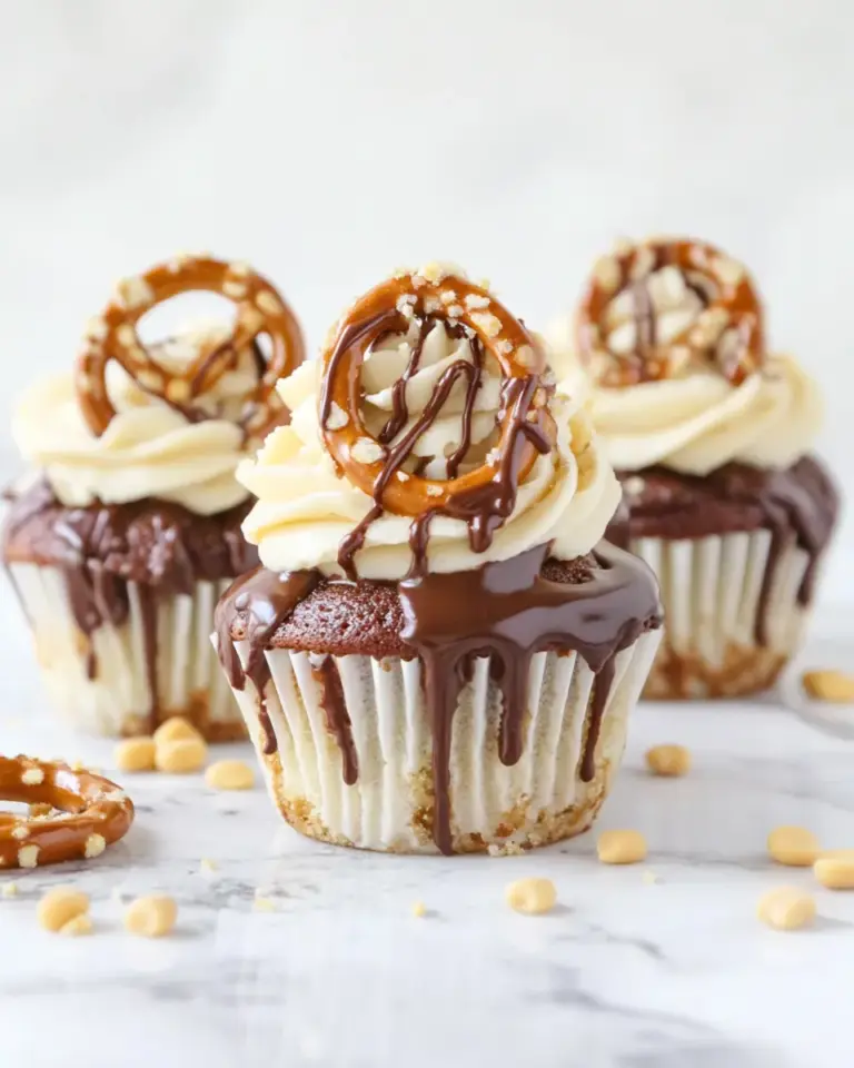 Delicious Chocolate Covered Pretzel Peanut Butter Cupcakes with Butterscotch Frosting photo