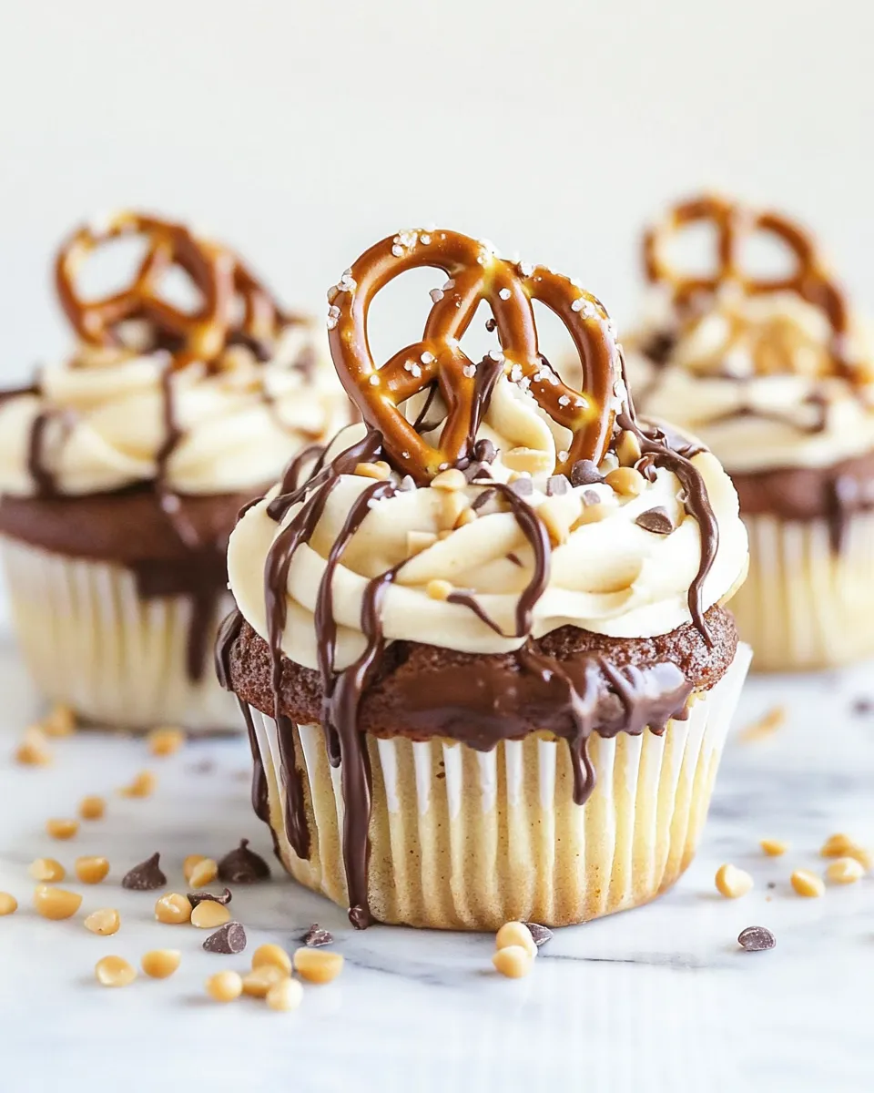 Easy Chocolate Covered Pretzel Peanut Butter Cupcakes with Butterscotch Frosting recipe image