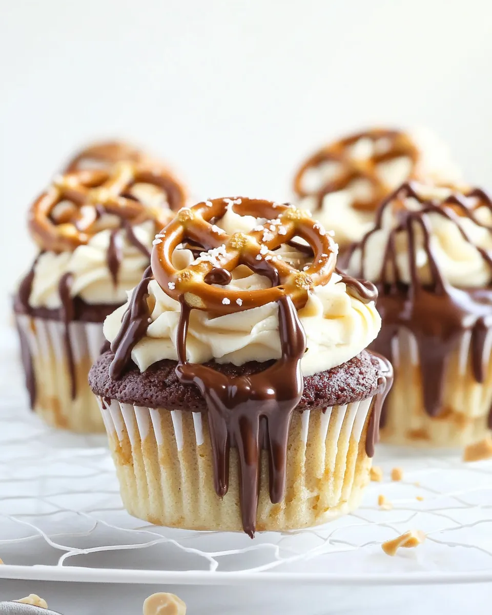 Homemade Chocolate Covered Pretzel Peanut Butter Cupcakes with Butterscotch Frosting plate image