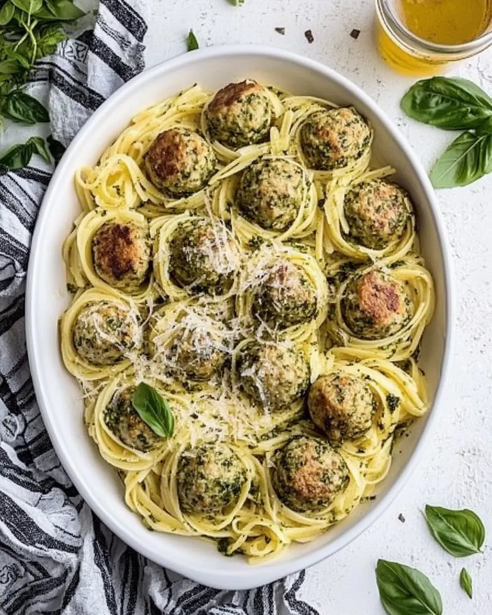 Homemade Creamy Garlic Pasta Nests with Pesto Chicken Meatballs photo