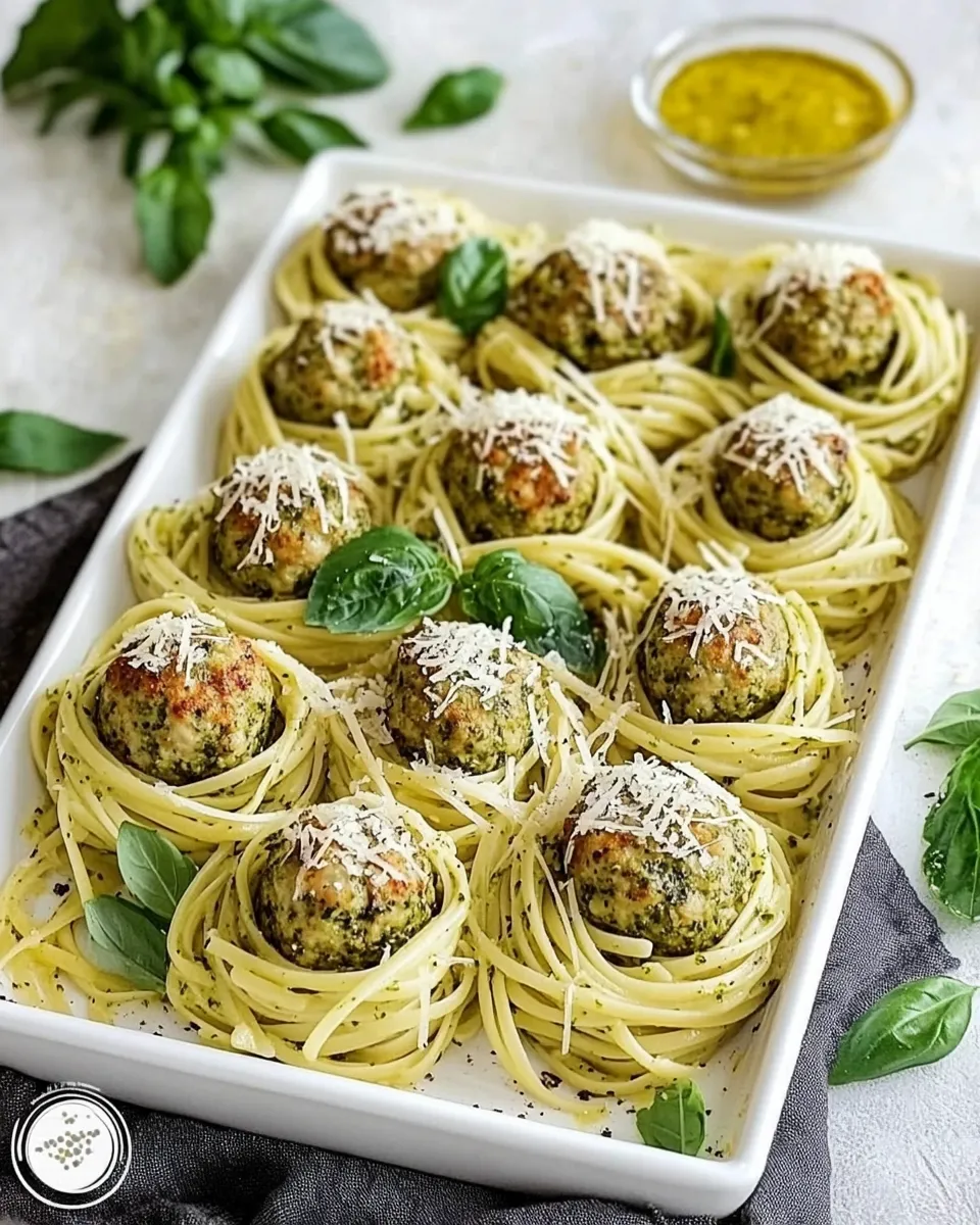 Classic Creamy Garlic Pasta Nests with Pesto Chicken Meatballs image