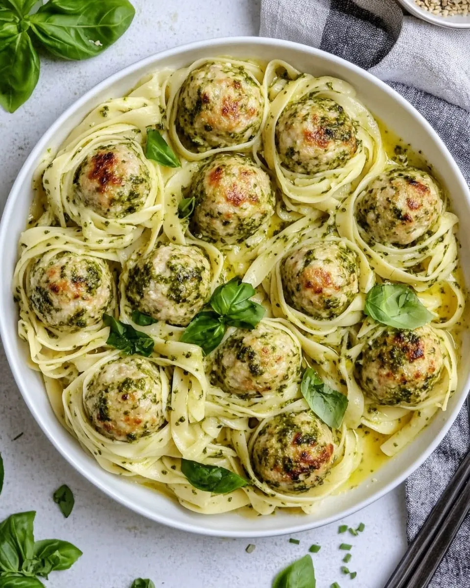 Easy Creamy Garlic Pasta Nests with Pesto Chicken Meatballs recipe image