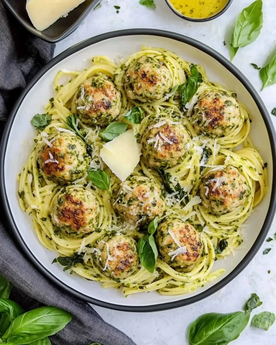 Delicious Creamy Garlic Pasta Nests with Pesto Chicken Meatballs dish photo