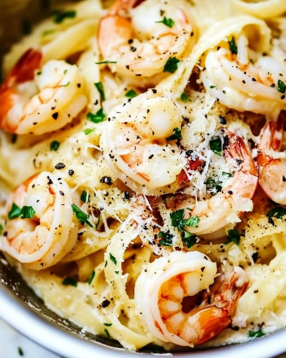 Easy Creamy Parmesan Garlic Shrimp Pasta food shot