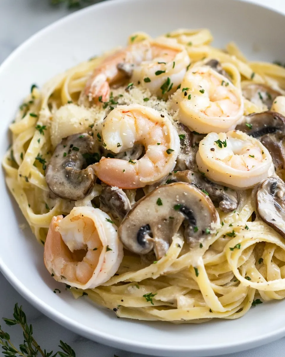 Easy Creamy Shrimp and Mushroom Pasta food shot