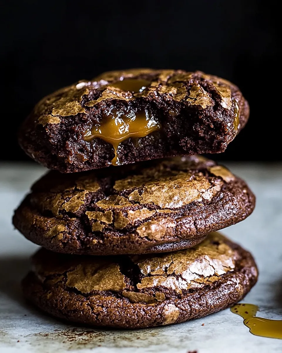 Easy Crinkly Caramel Stuffed Brownie Cookies. food shot
