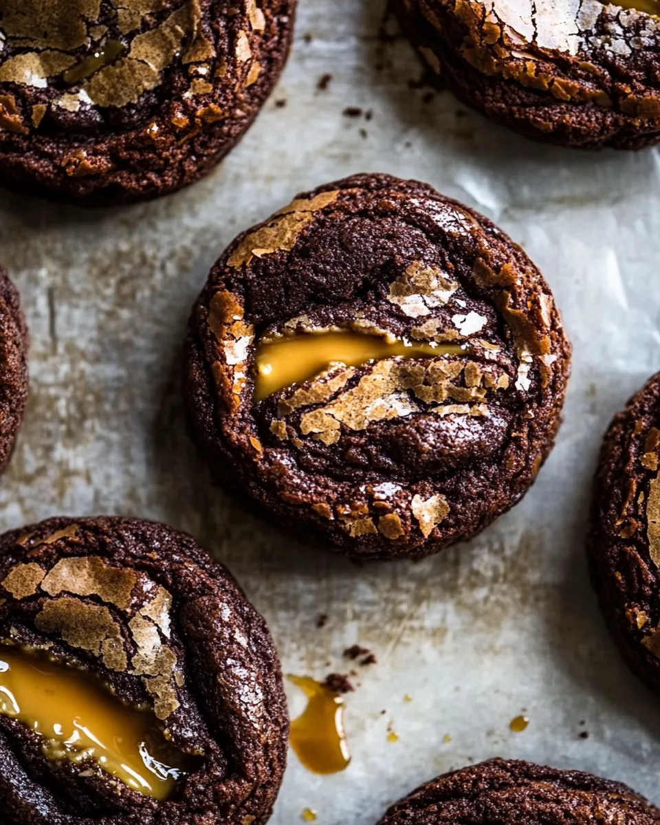 Delicious Crinkly Caramel Stuffed Brownie Cookies. plate image