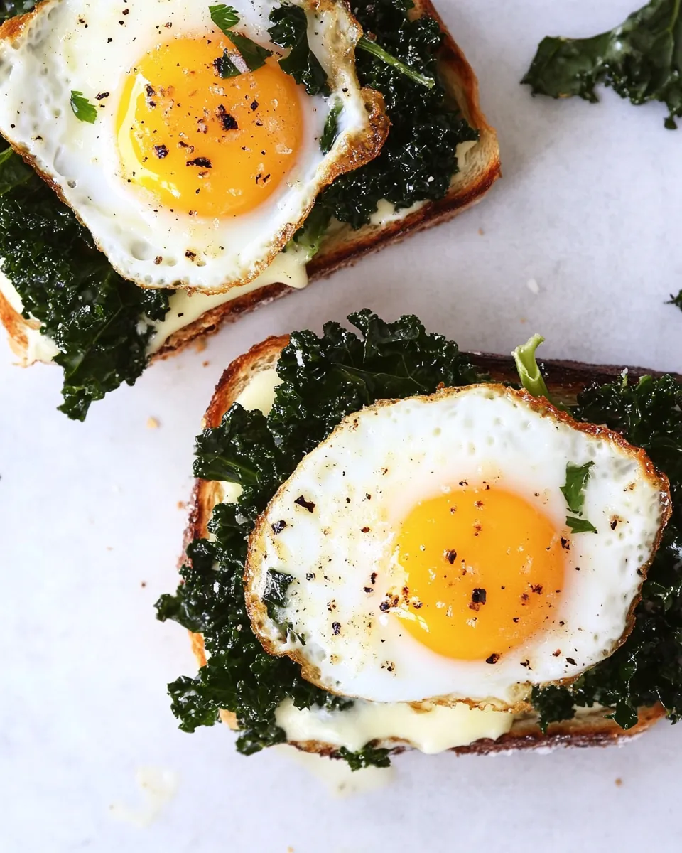 Classic Crispy Kale Grilled Cheese with Fried Eggs. dish photo