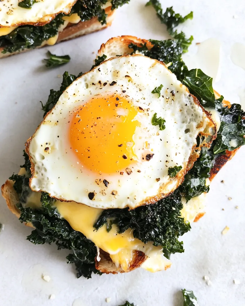 Easy Crispy Kale Grilled Cheese with Fried Eggs. food shot