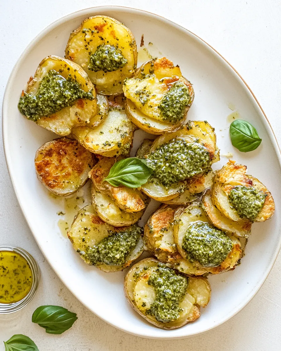 Easy Crispy Pesto Smashed Potatoes. food shot