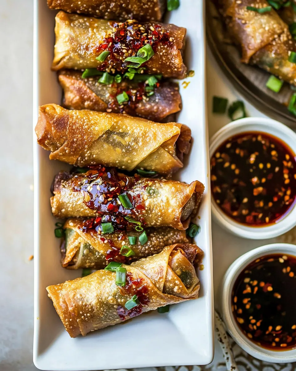 Homemade Crispy Sesame Ginger Egg Rolls with Sweet Chili Sauce. recipe photo