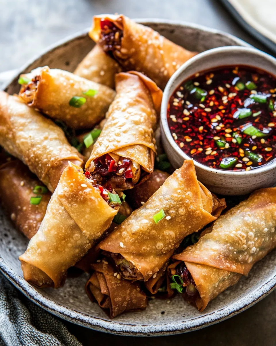 Easy Crispy Sesame Ginger Egg Rolls with Sweet Chili Sauce. food shot