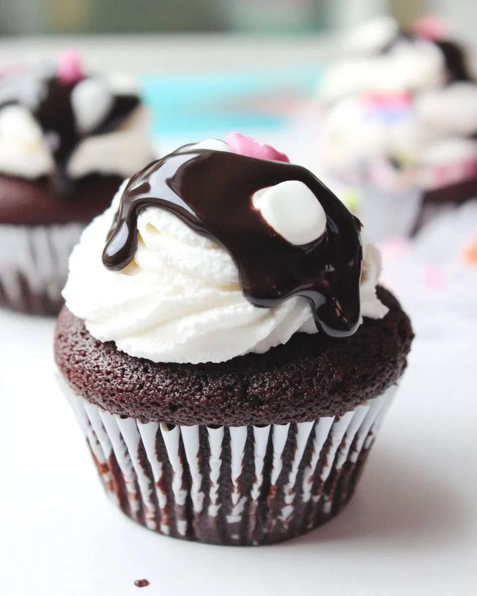 Homemade Dreamy Chocolate Cupcakes Filled with White Buttercream and Topped with Chocolate Ganache photo