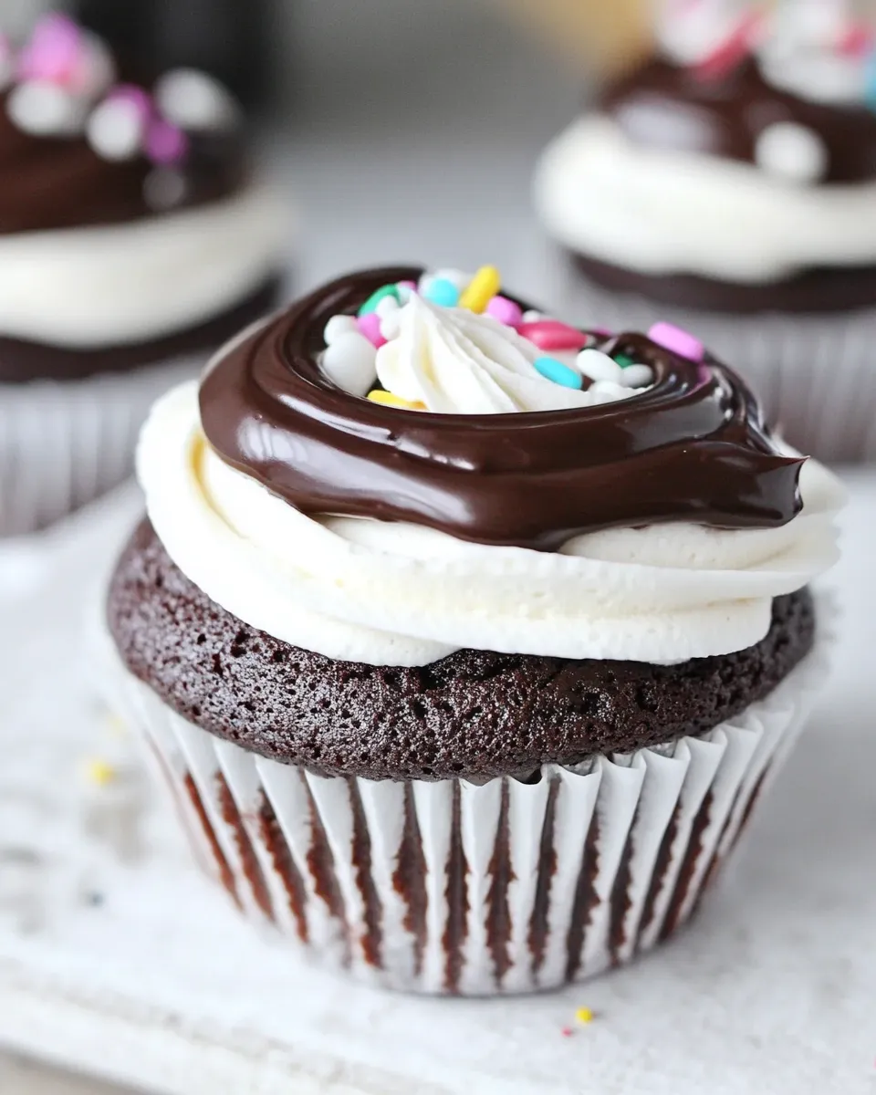 Classic Dreamy Chocolate Cupcakes Filled with White Buttercream and Topped with Chocolate Ganache image
