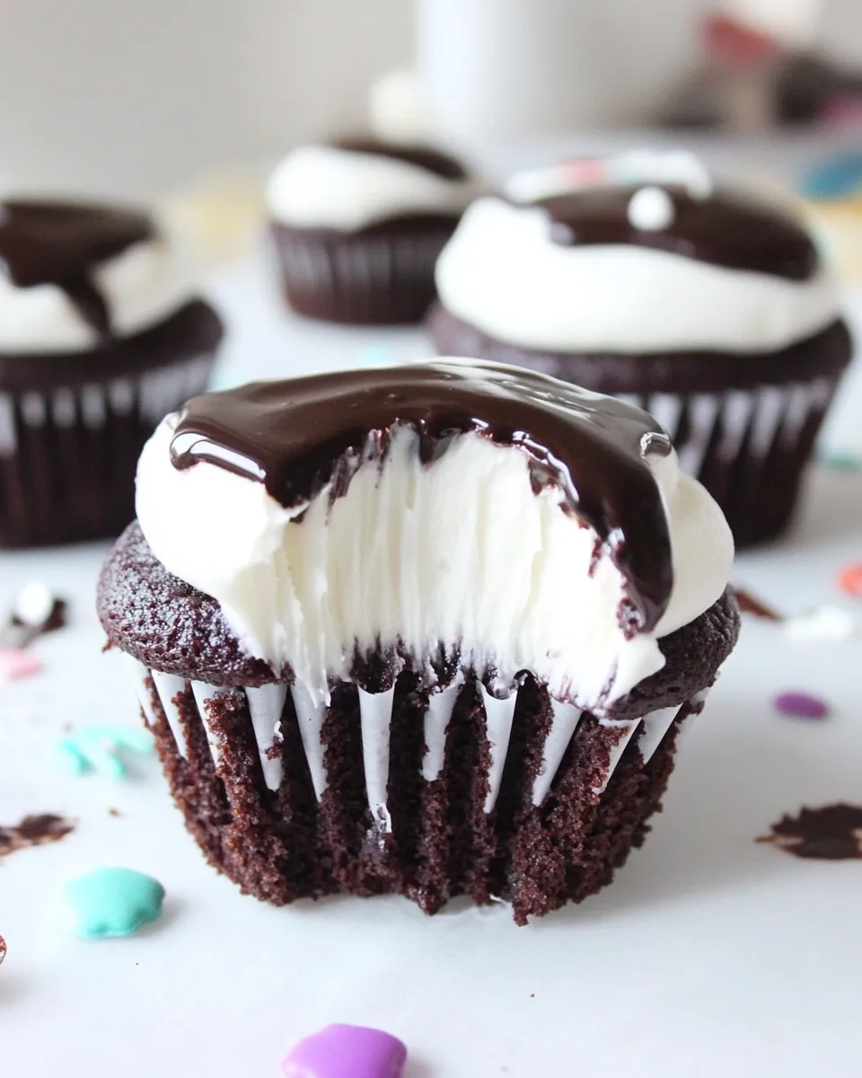 Easy Dreamy Chocolate Cupcakes Filled with White Buttercream and Topped with Chocolate Ganache recipe image