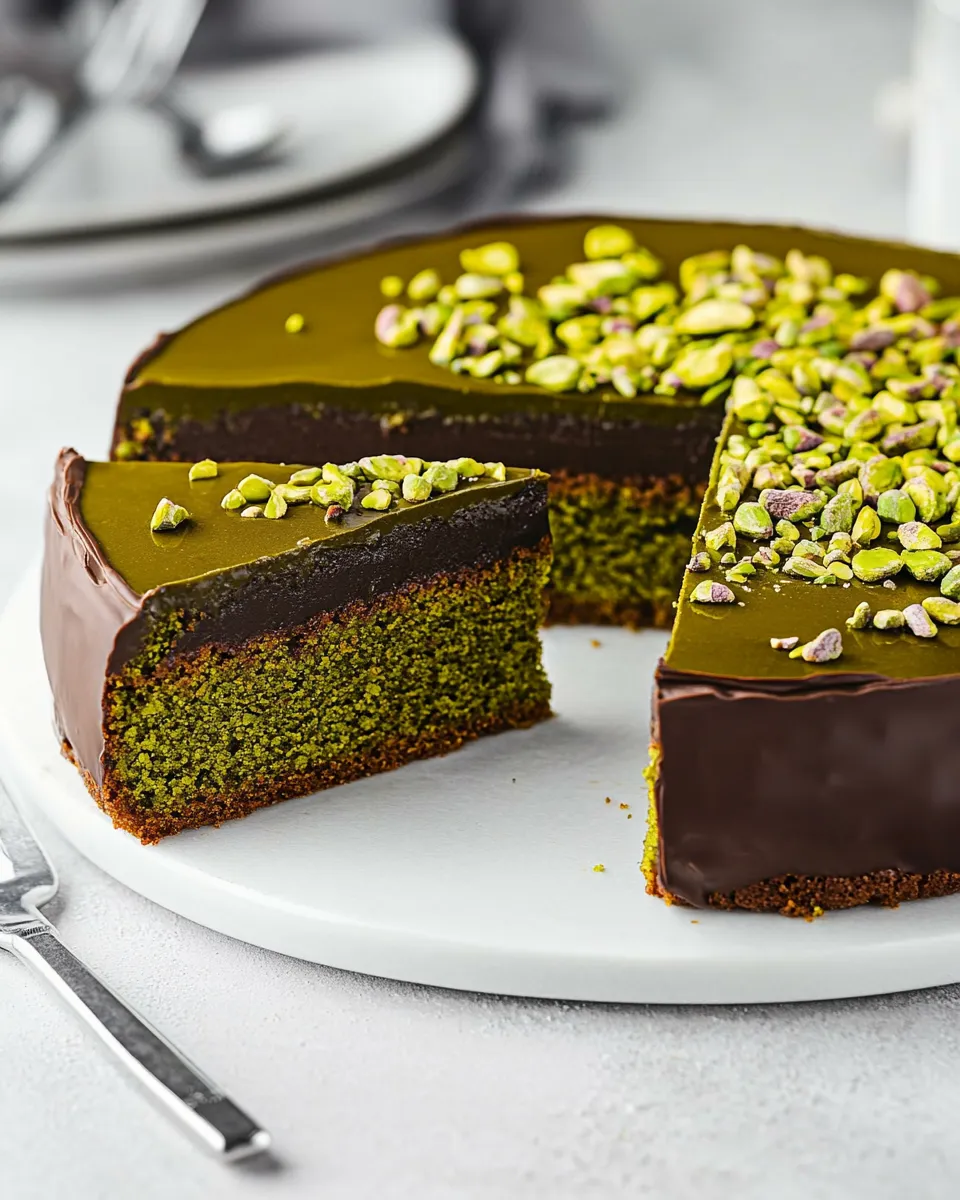 Homemade Flourless Pistachio Cake with Chocolate Ganache photo