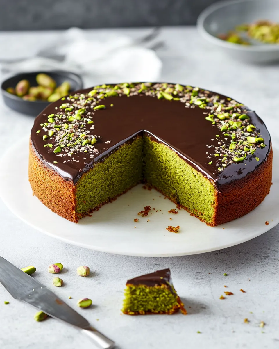 Delicious Flourless Pistachio Cake with Chocolate Ganache dish photo