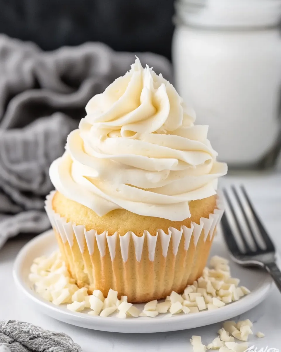 Delicious Ghirardelli Vanilla Cupcakes with White Chocolate Buttercream shot