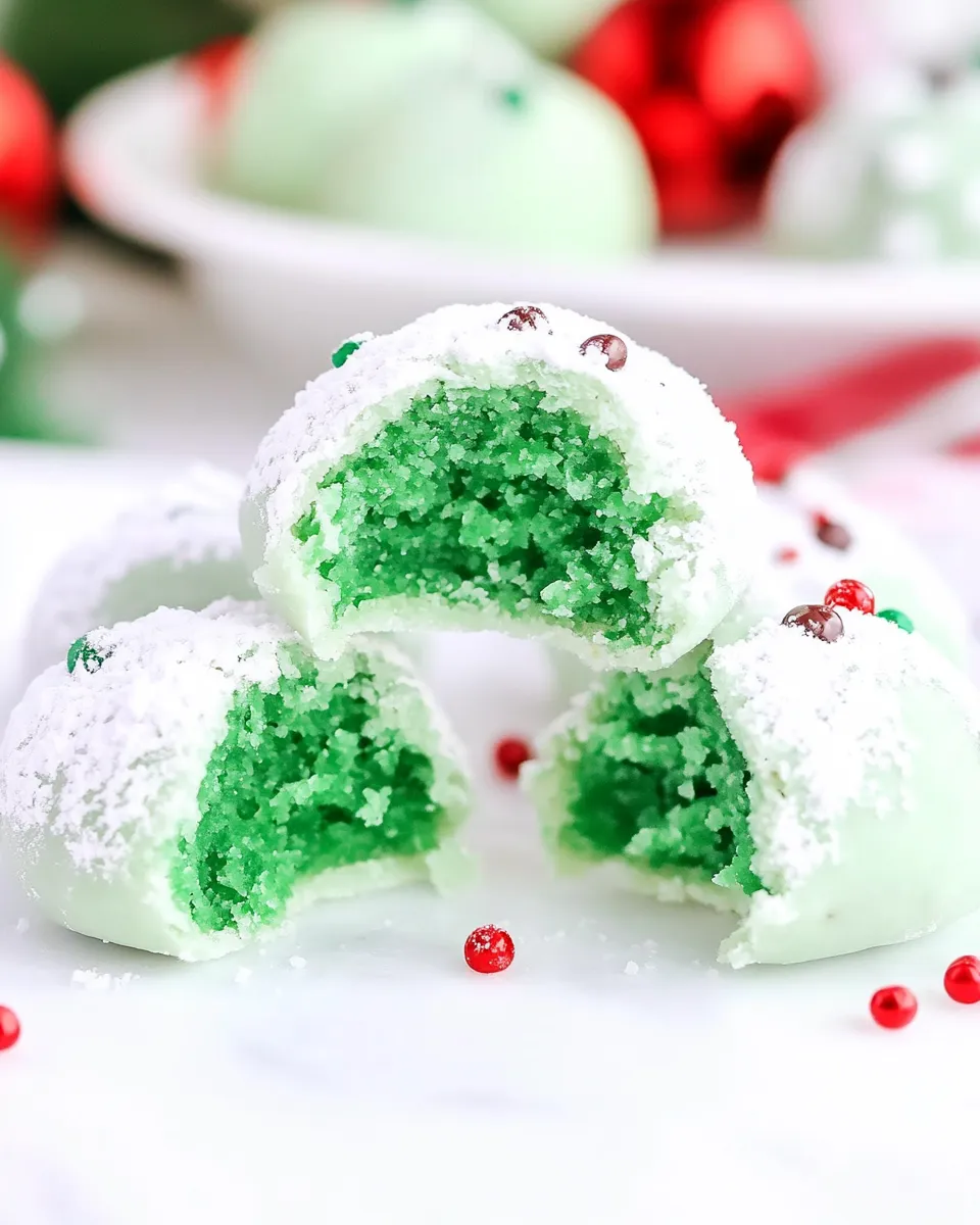 Easy Grinch Snowball Cookies food shot