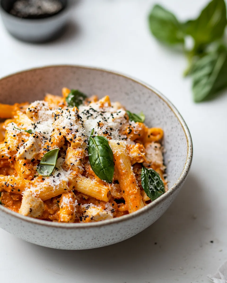 Delicious High-protein tomato pasta with chicken & spinach plate image