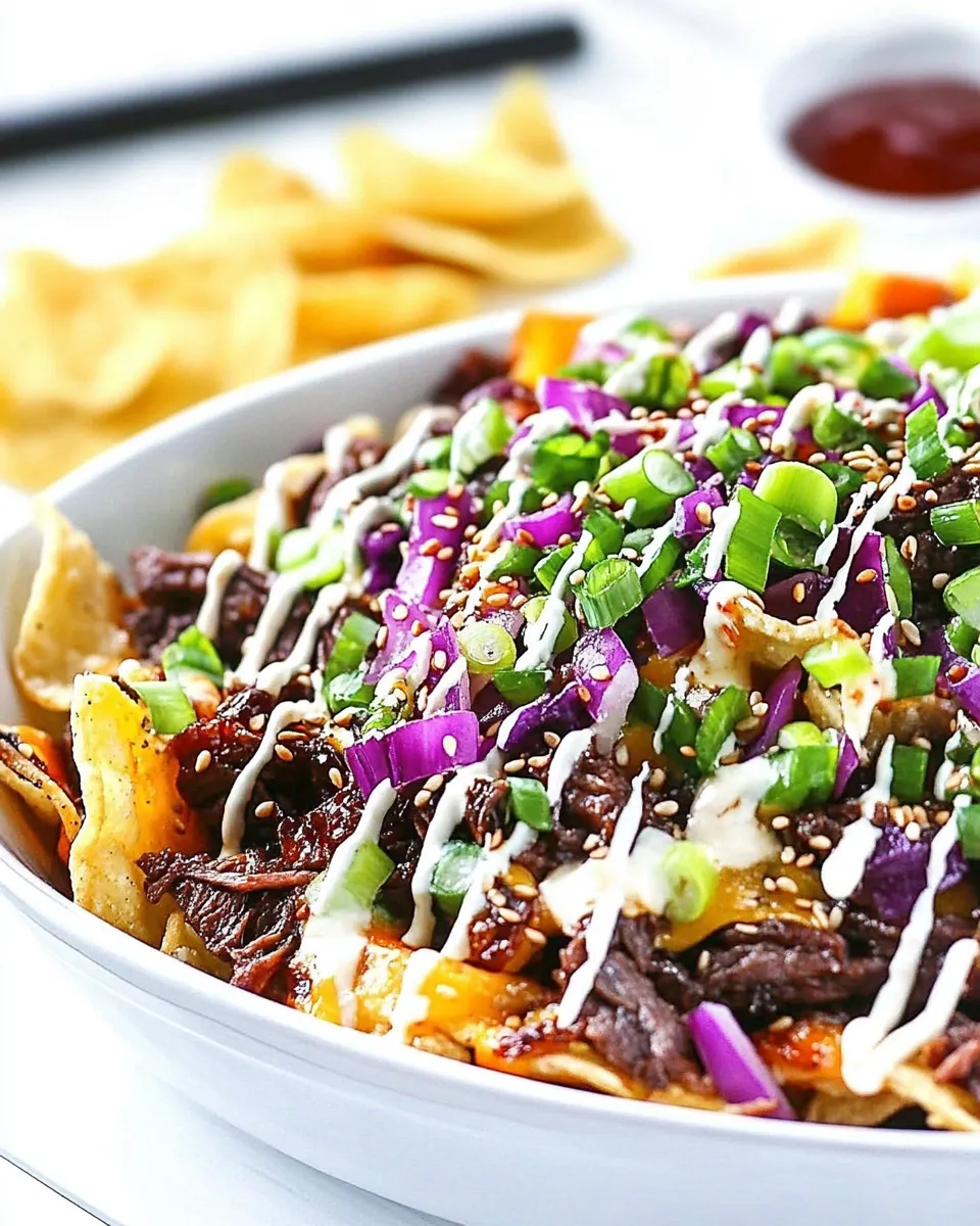 Easy Korean Beef Nachos with Wonton Chips food shot