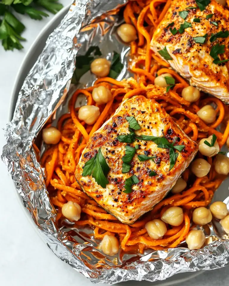 Homemade Moroccan Salmon Foil Packets with Carrot Noodles and Chickpeas recipe photo