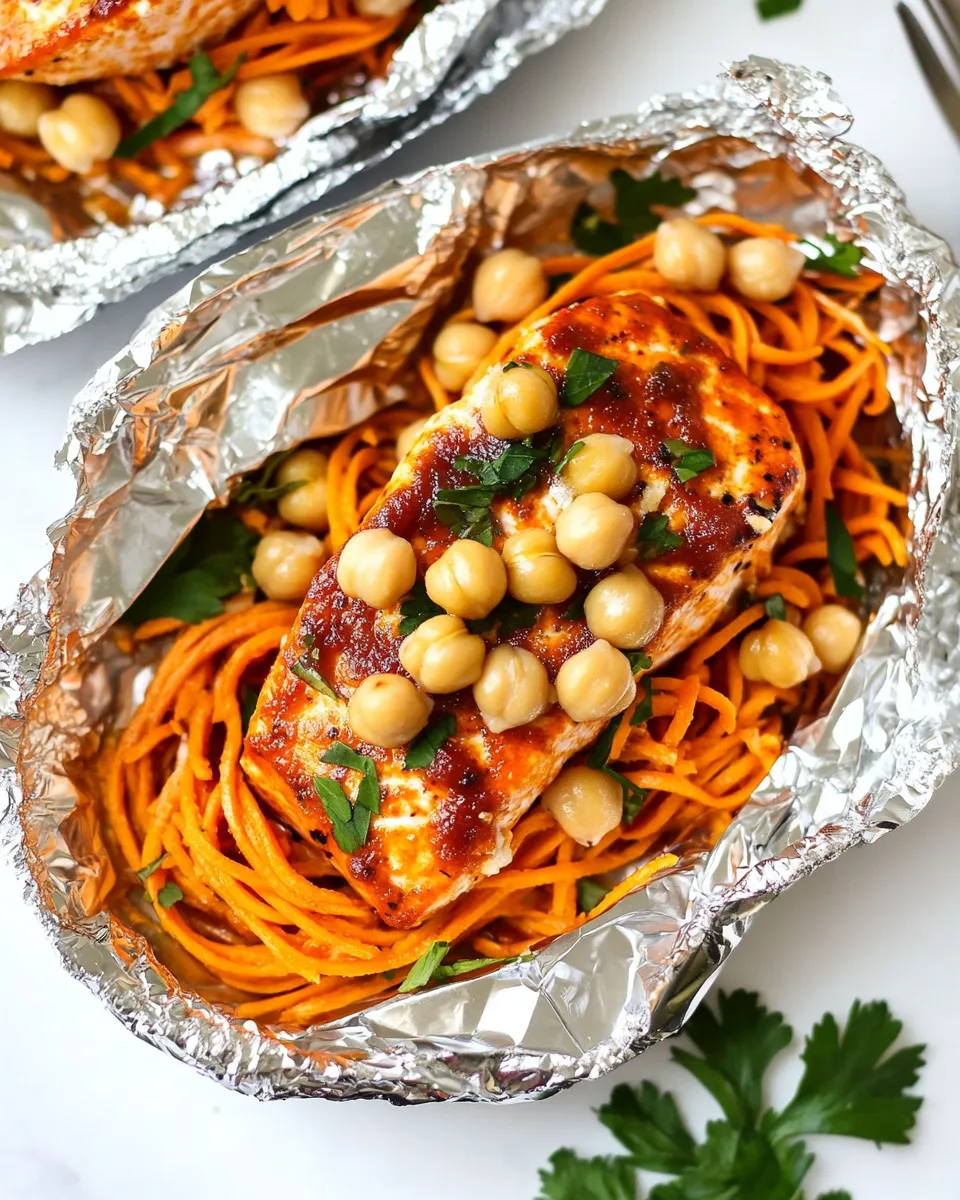 Classic Moroccan Salmon Foil Packets with Carrot Noodles and Chickpeas dish photo