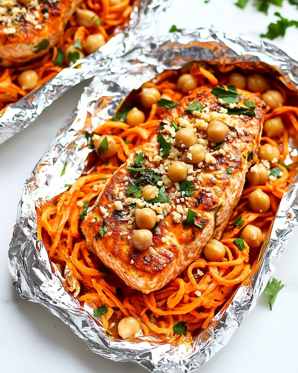 Easy Moroccan Salmon Foil Packets with Carrot Noodles and Chickpeas food shot