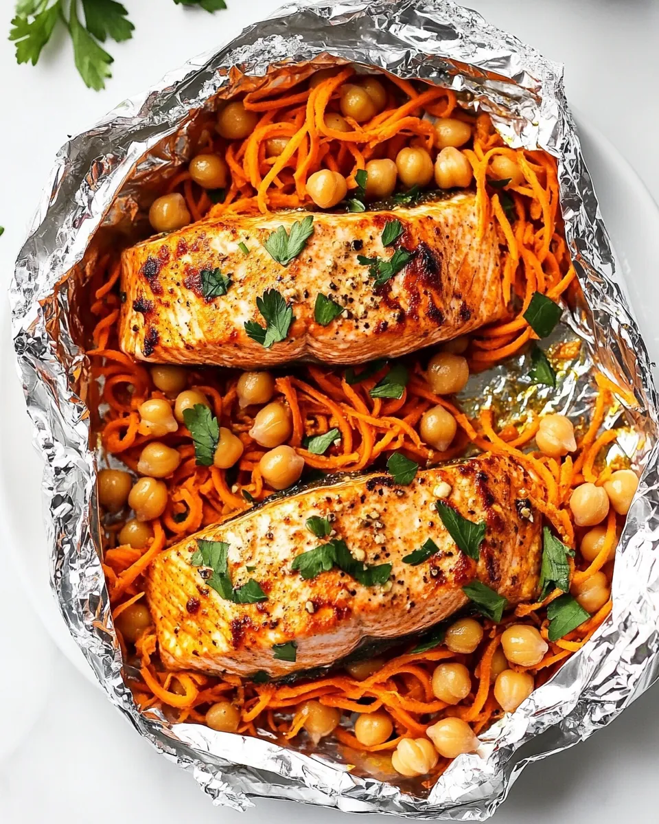 Delicious Moroccan Salmon Foil Packets with Carrot Noodles and Chickpeas image