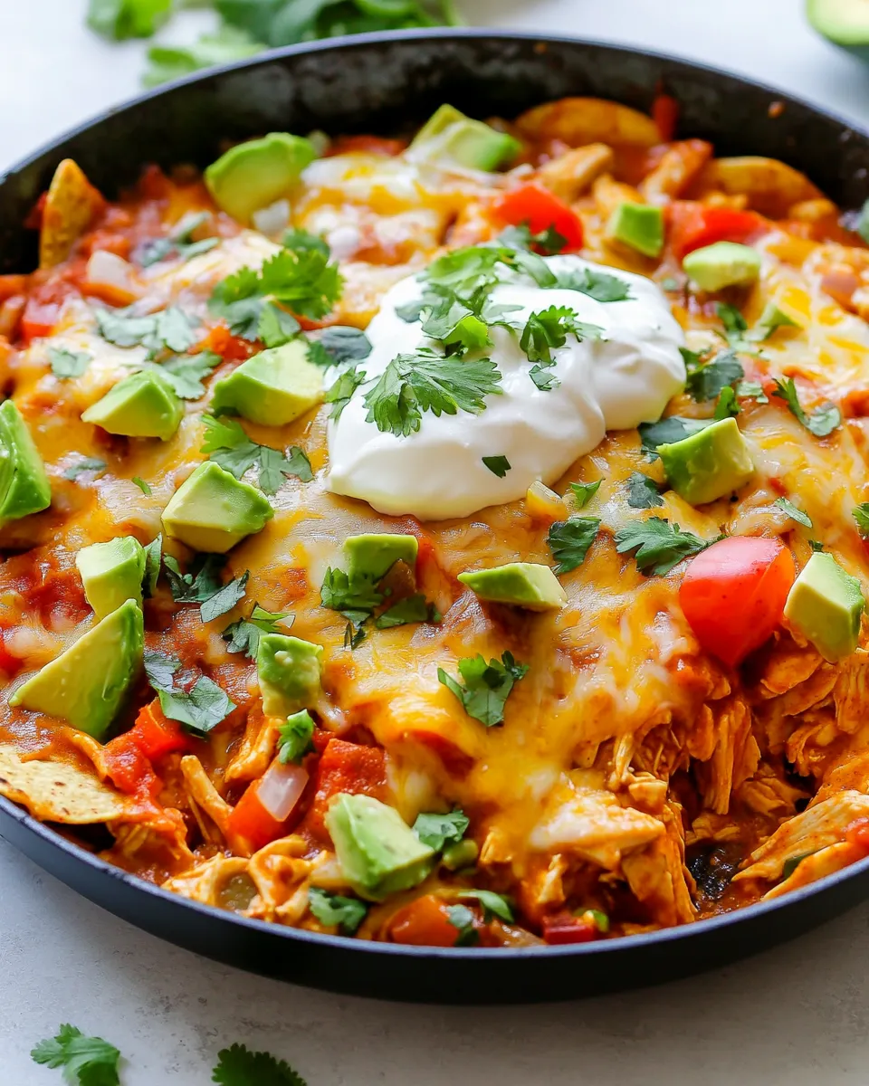 Delicious One-Pan Chicken Enchilada Skillet food shot