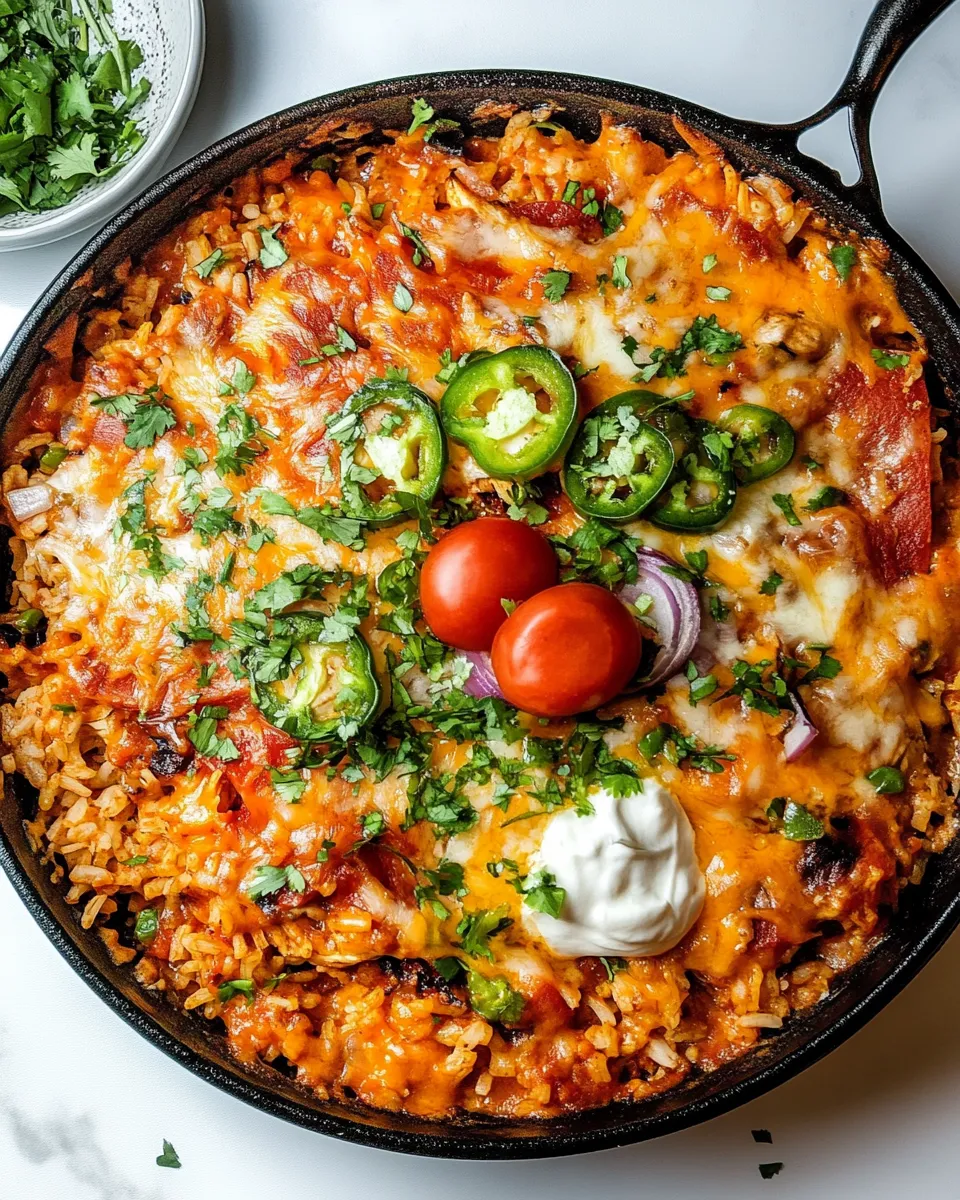Classic One Skillet Cheesy Salsa Chicken Rice Bake. dish photo