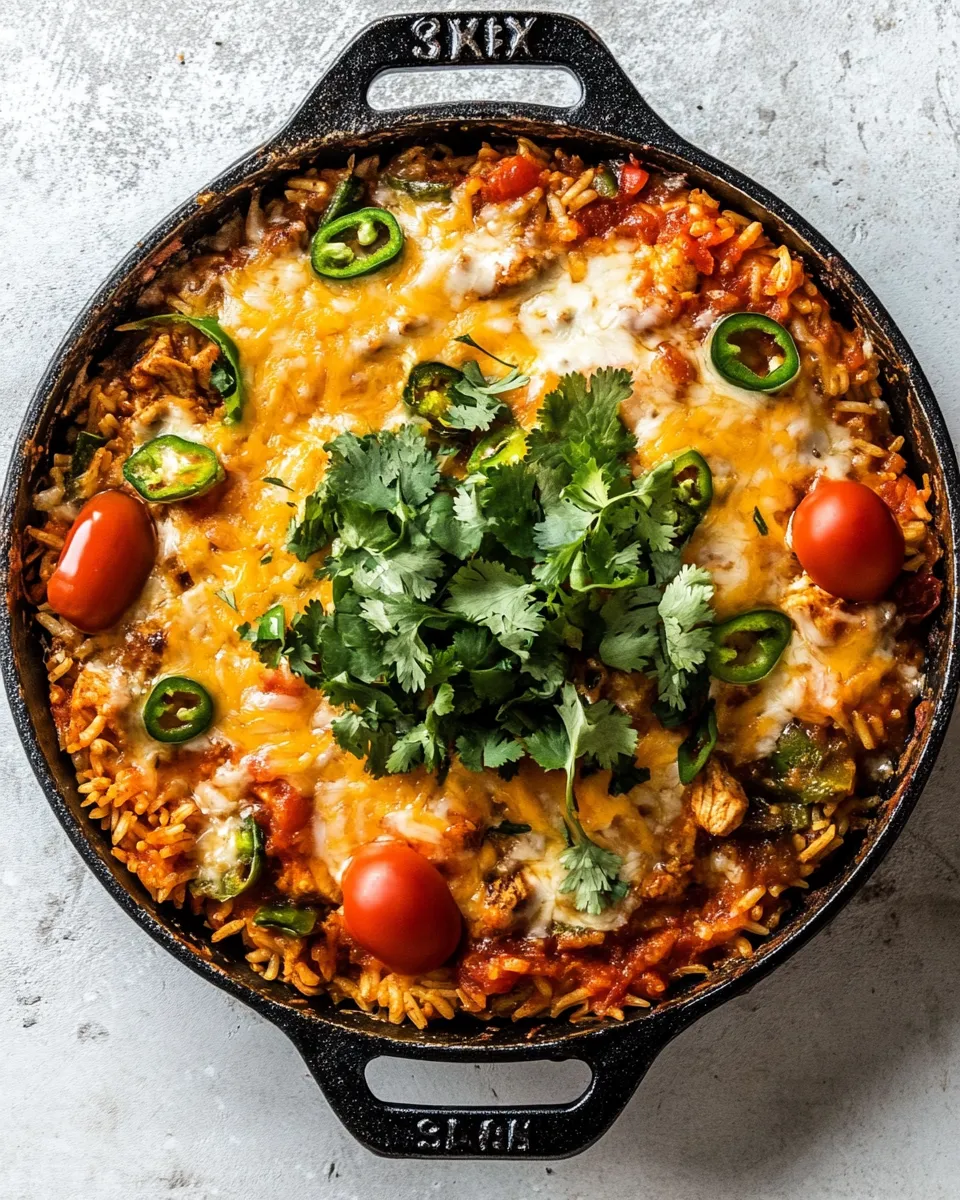 Easy One Skillet Cheesy Salsa Chicken Rice Bake. food shot