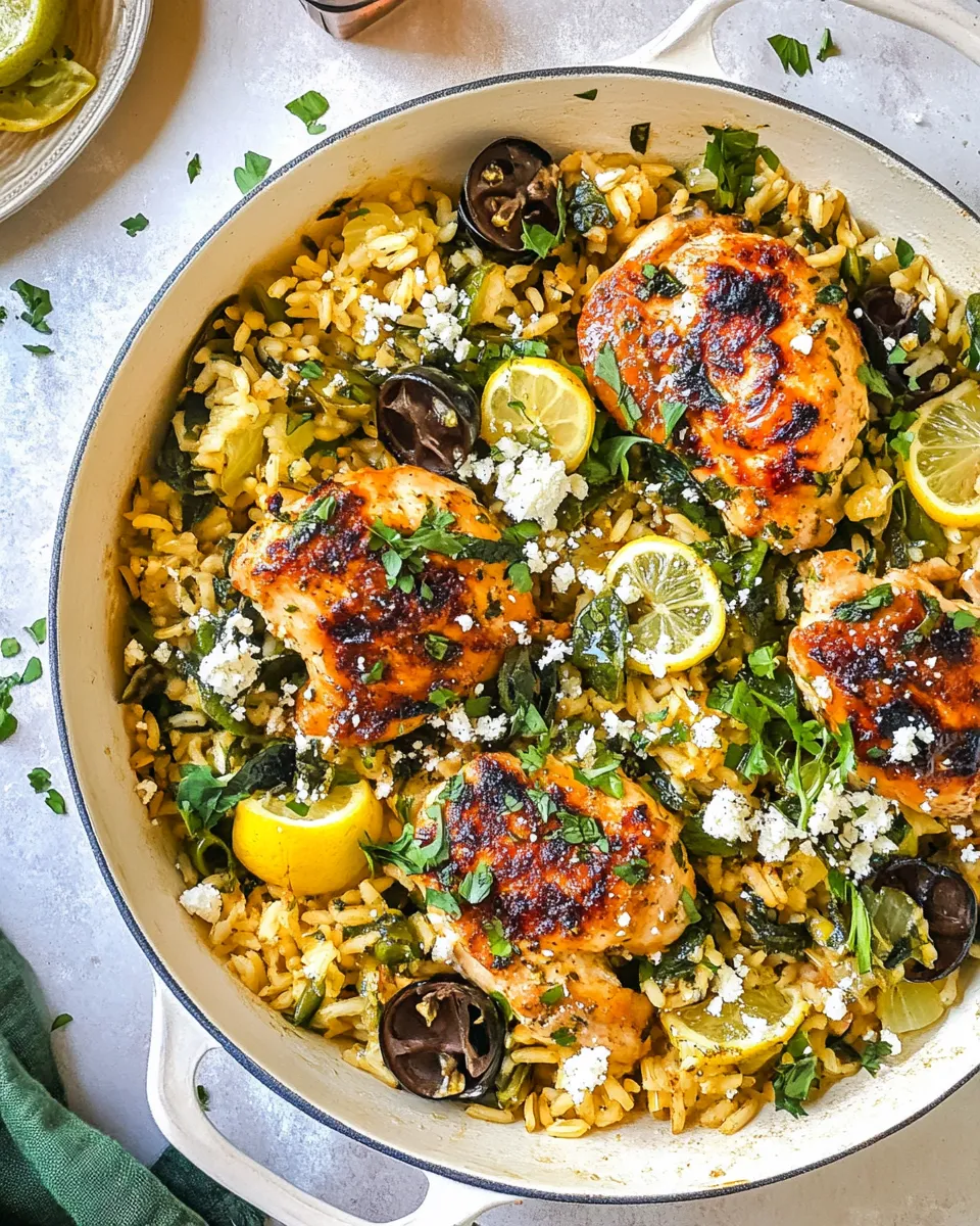 Easy One Skillet Greek Lemon Chicken and Rice. food shot