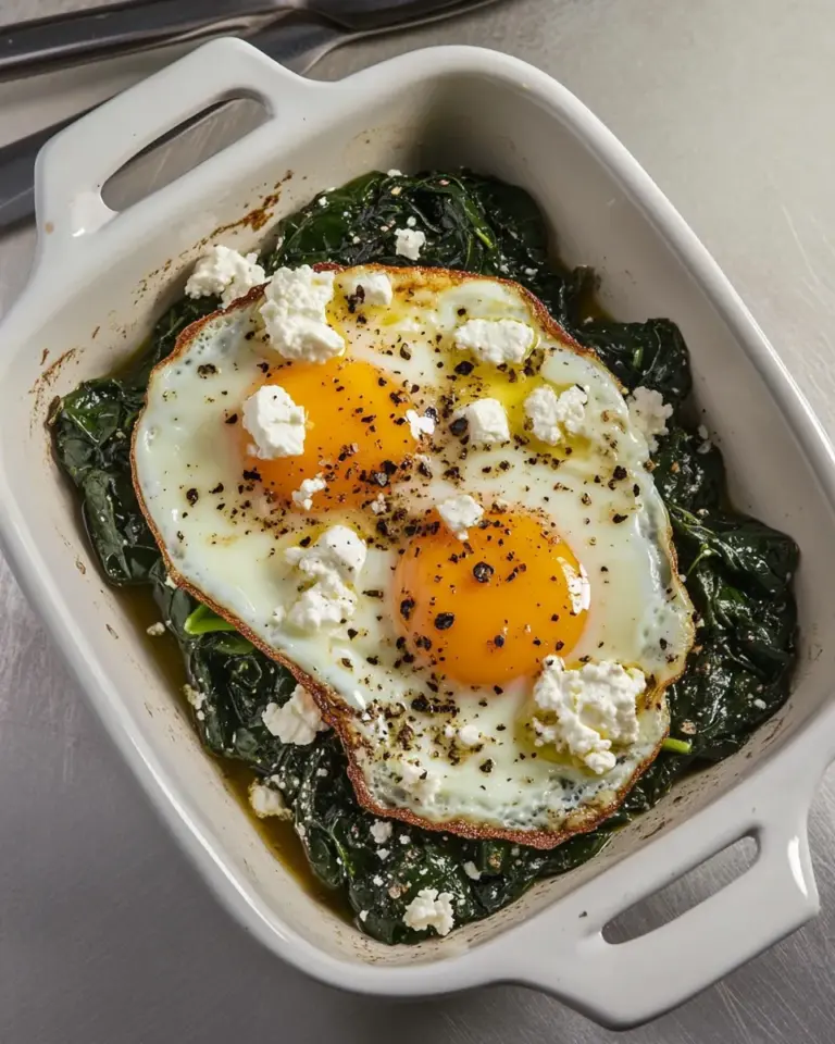 Homemade Over Easy Eggs with Spinach and Creamed Feta photo