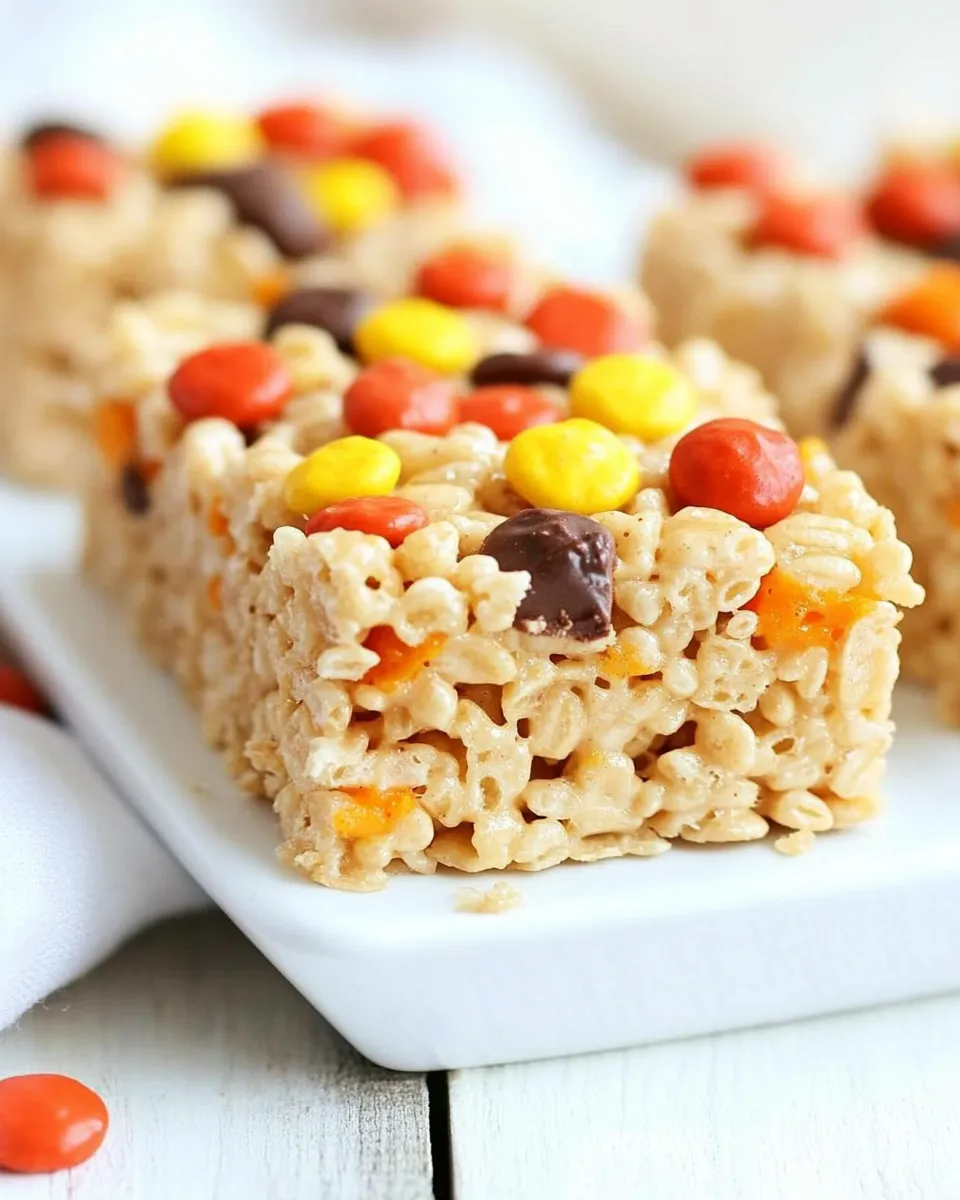 Classic Peanut Butter Rice Krispie Treats with Reeses Pieces recipe image