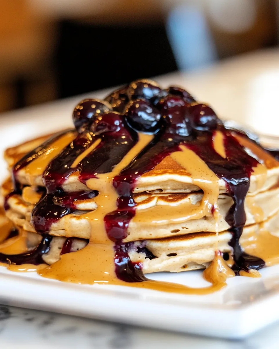 Delicious Peanut Butter and Jelly Pancakes. food shot