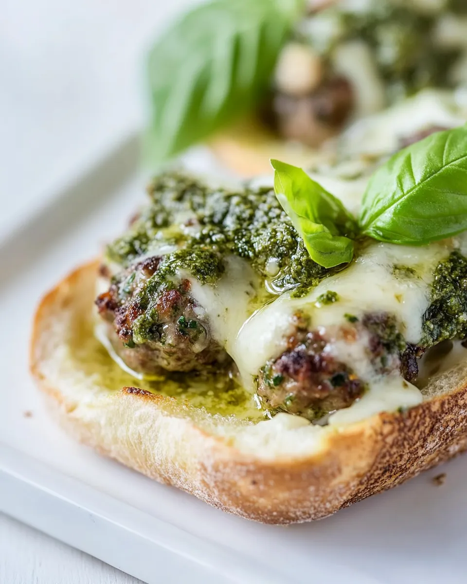 Delicious Pesto Meatball Melts. plate image