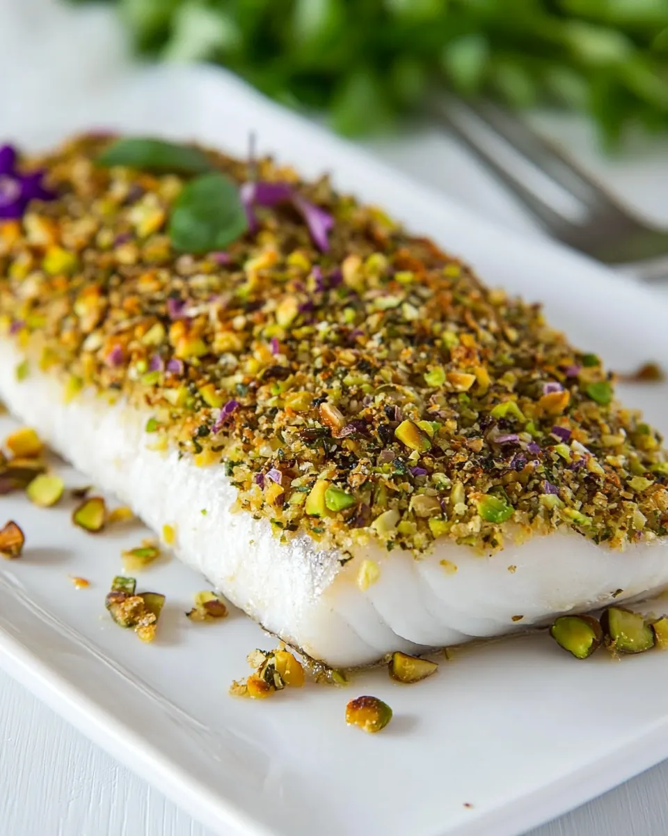 Delicious Pistachio Crusted Baked White Fish Fillet food shot