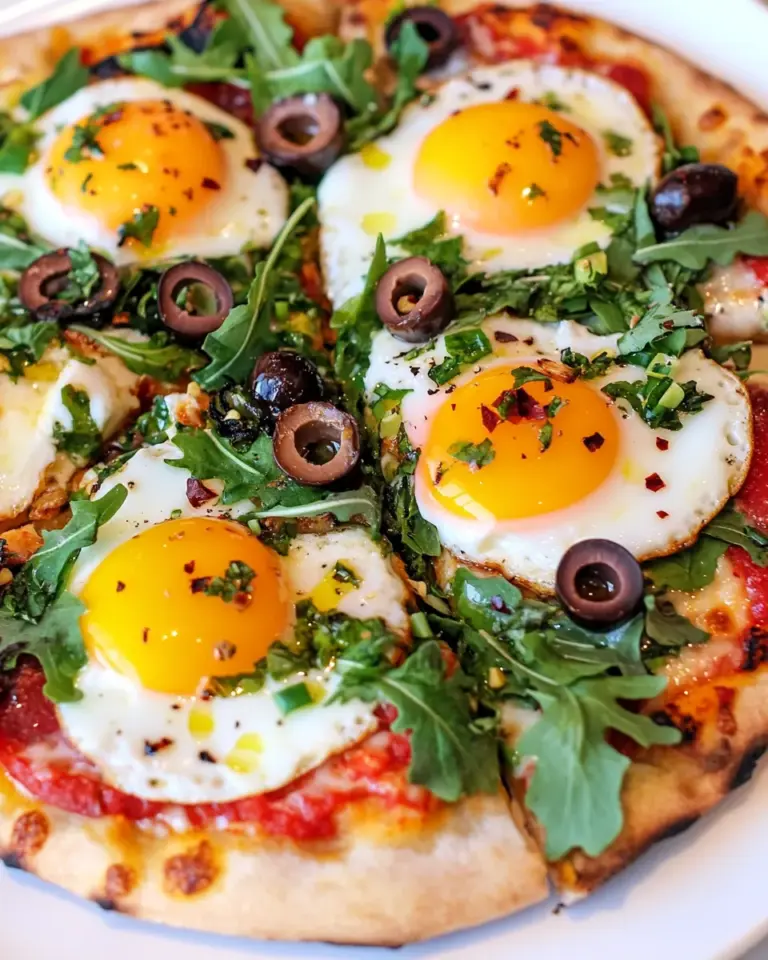 Homemade Pizza with Eggs, Roasted Red Peppers, Olives and Arugula photo