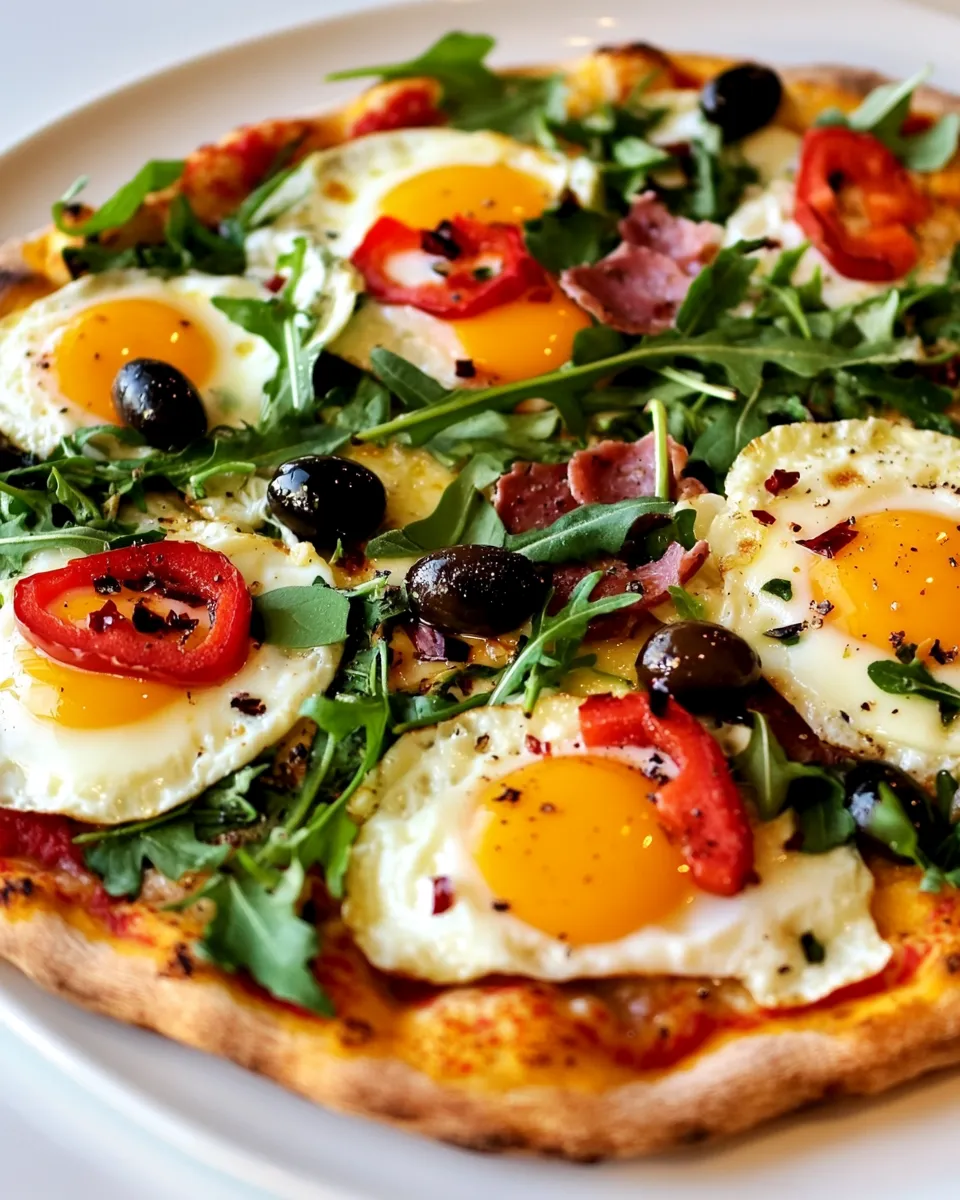 Classic Pizza with Eggs, Roasted Red Peppers, Olives and Arugula image